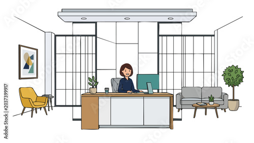 Bild auf Leinwand Modern Office Reception Area with Professional Woman at Desk - Business Interior