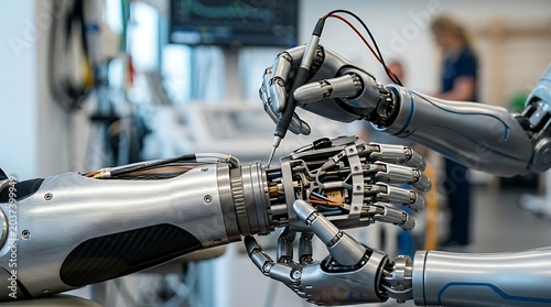 Robotic arm calibrating advanced prosthetic limb in futuristic medical laboratory setting