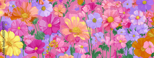 a visually rich, two dimensional graphic of numerous blooming flowers and botanical elements. dominant colors are pink