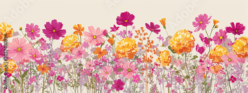 a visually rich, two dimensional graphic of numerous blooming flowers and botanical elements. dominant colors are pink