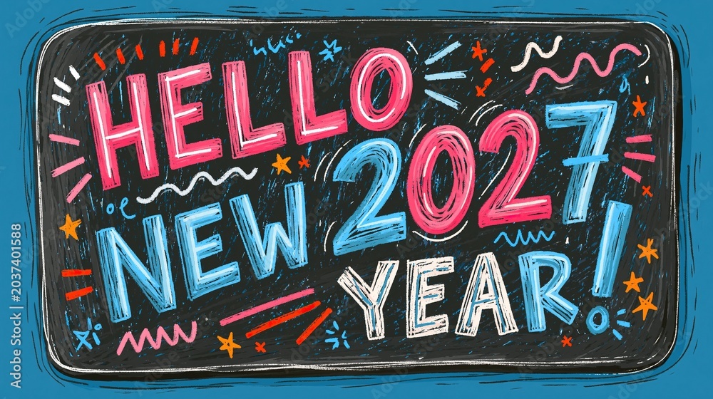 Fototapeta premium Colorful hand drawn chalkboard style greeting banner with hello 2027 new year on dark blue base for cheerful festive new year celebration