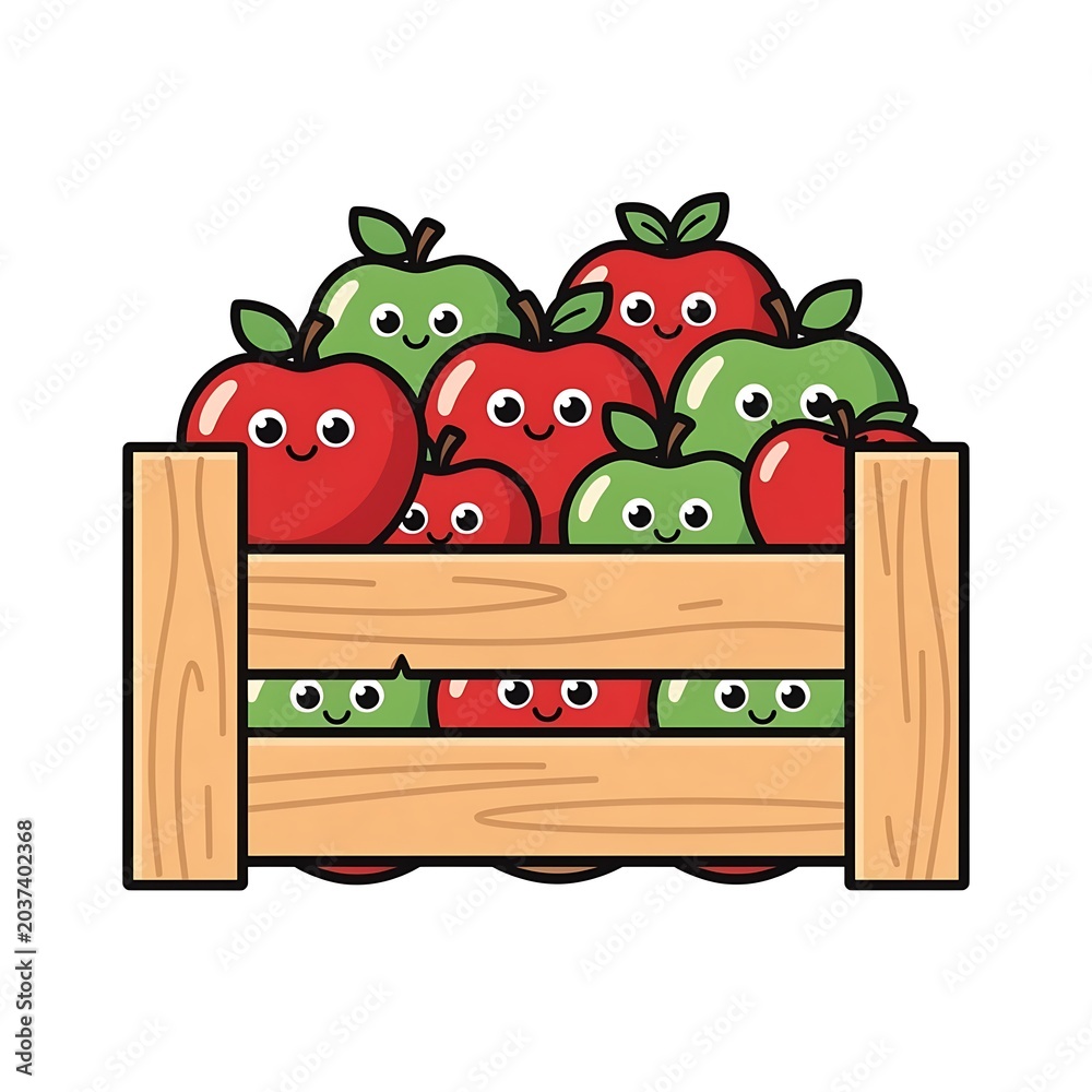 Fototapeta premium Cute cartoon illustration of green monster with red apples in wooden crate.