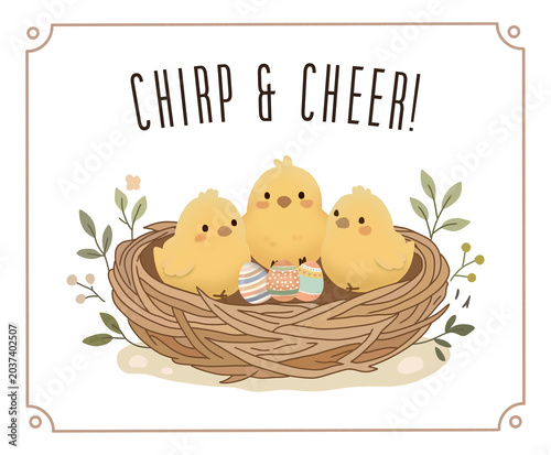 Cute little chicks in a bird nest with easter eggs illustration.