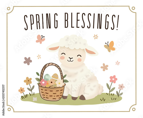 Cute little lamb with Easter egg basket and spring flowers illustration, Spring blessings greeting card template.