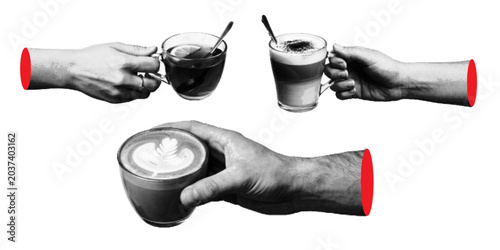 Hand holding coffee cup and latte mug with halftone effect in a sticker style set
