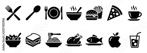 Collection of black food and drink icons showing a hamburger, pizza, pasta, salad, coffee, and cutlery in a minimalist glyph style for restaurant and cafe menus