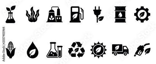 Set of black biofuel icons representing renewable energy and sustainable technology, including symbols for ethanol, algae, green electricity, and eco-friendly transportation