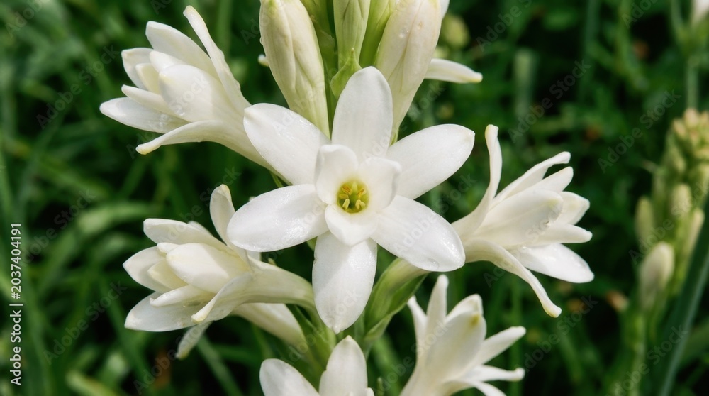 Fototapeta premium Close-up of beautiful white tuberose flowers blooming in a garden, natures elegance.