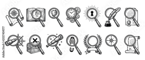 Collection of magnifying glass icons in a vintage engraved style, illustrating themes of discovery, exploration, and investigation with symbols like maps, compasses, and globes