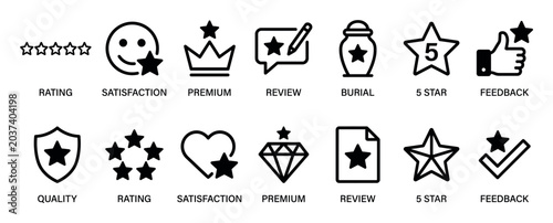 Set of black outline icons representing customer satisfaction, quality, and feedback, including symbols for rating, premium service, five stars, positive reviews, and a quality shield
