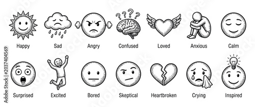 Collection of fourteen black and white emotion icons drawn in a classic woodcut style, illustrating a range of human feelings from happiness and love to sadness and anxiety