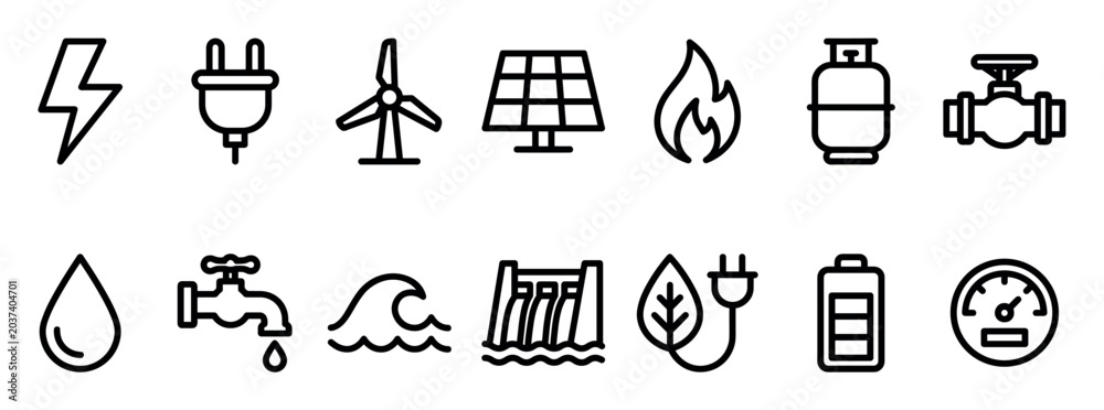Fototapeta premium Set of black line art icons representing energy and natural resources like electricity, gas, water, solar, and wind power for utility and sustainability concepts in a clean, minimalist style