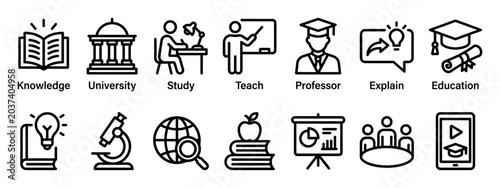 Set of black line icons representing education, learning, and university concepts like knowledge, study, teaching, graduation, and research, presented as a simple pictogram collection