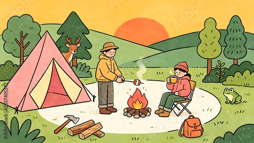 Couple's bonfire picnic with natural scenery illustrations