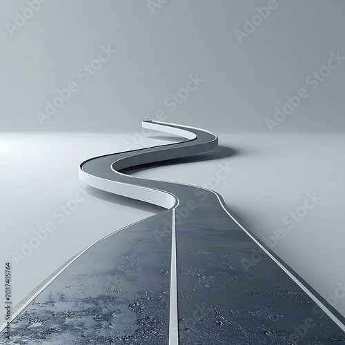 Metallic road curves on gray surface.