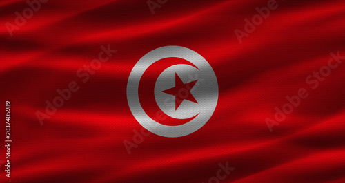 Tunisian flag with fabric texture. Realistic flag of Tunisia waving