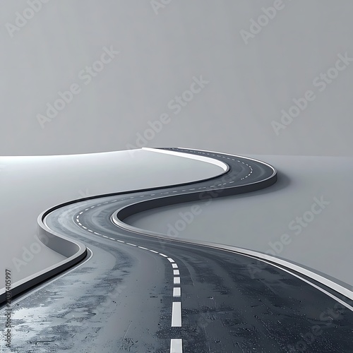 Winding road through snowy landscape scene.