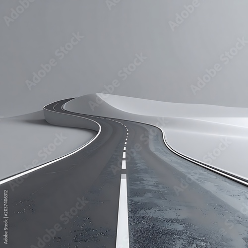 Winding road through snowy landscape scene.