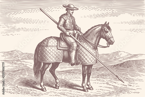 Spanish picador on an armored horse holding a lance. A traditional bullfighter character in a vintage engraved vector illustration of tauromachy.