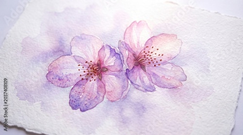 Delicate Watercolor Painting of Two Blooming Cherry Blossom Flowers on White Paper.