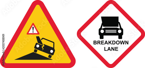 Foto Vehicle breakdown and dangerous road condition warning signs