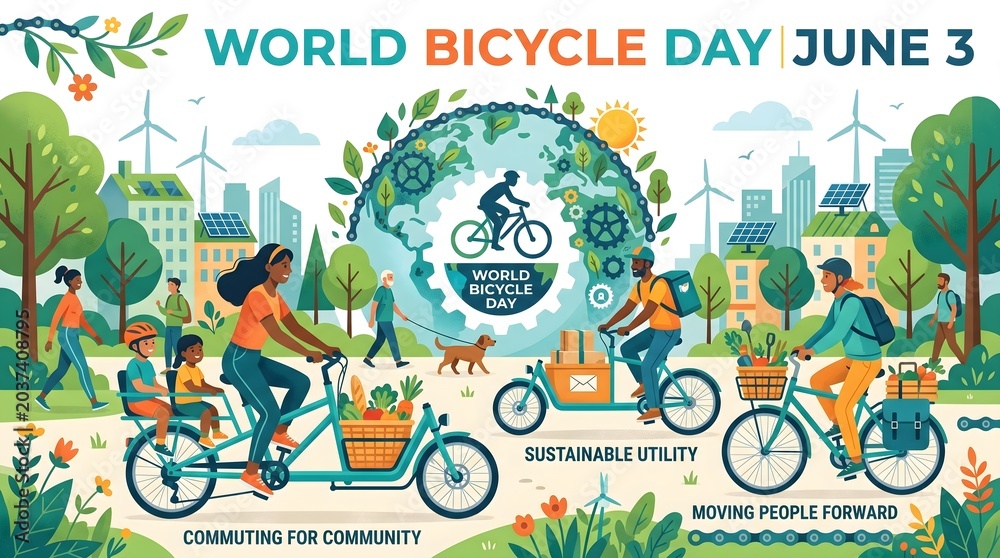 Fototapeta premium Celebrate World Bicycle Day on June 3rd with Sustainable Urban Transport and Eco-Friendly Commuting Options Promoting Healthy Lifestyles and Community Engagement