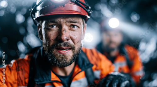 Male mining worker wearing full body industrial robotic exoskeleton suit carries heavy drilling equipment through narrow underground tunnel in active mine, powered full body suppor