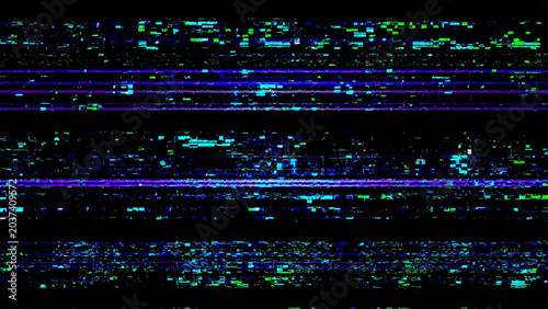 Abstract digital glitch texture on a black background, with distorted neon blue, cyan, green, and purple scan lines, creating a futuristic cyber error effect.