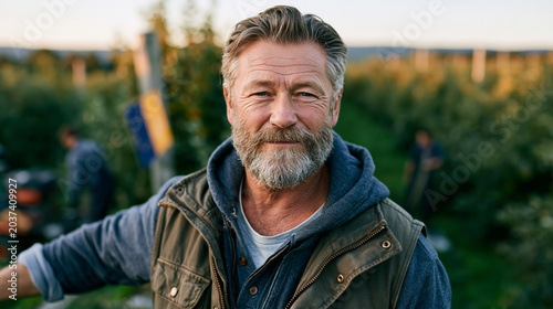 Ultra realistic commercial stock photo of a confident older male farm owner in traditional yet practical clothing standing at edge of vast apple orchard at golden hour, farmer posi