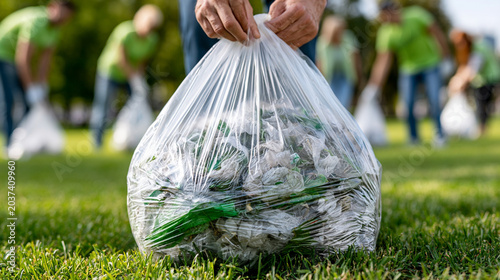 raw photorealistic environmental cleanup scene in a sunny park, close-up of a full transparent garbage bag filled with mixed recyclable trash placed prominently in the foreground o