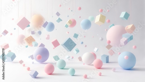 Pastel 3D floating spheres and cubes in soft light, creating a whimsical abstract composition