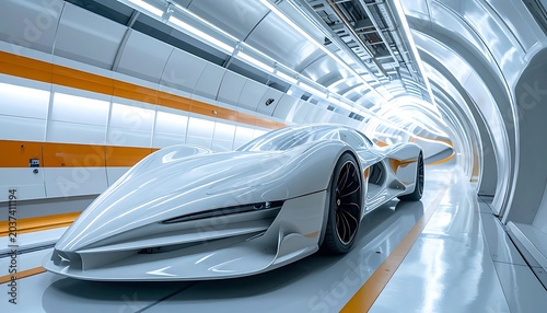 Futuristic sports car in tunnel.