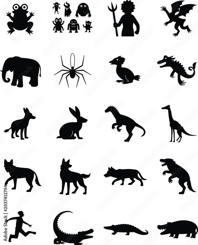 Fototapeta premium Fantasy and Wildlife Animal Silhouette Vector Set Featuring Dinosaurs Dragons Mammals Reptiles and Mythical Creatures