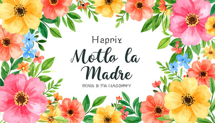 Happy Mother's Day floral border with colorful flowers and green leaves, spring celebration, greeting card design