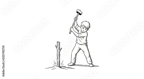 Young child pretending to chop small tree branch.