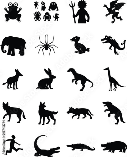 Photography Fantasy and Wildlife Animal Silhouette Vector Set Featuring Dinosaurs Dragons Ma