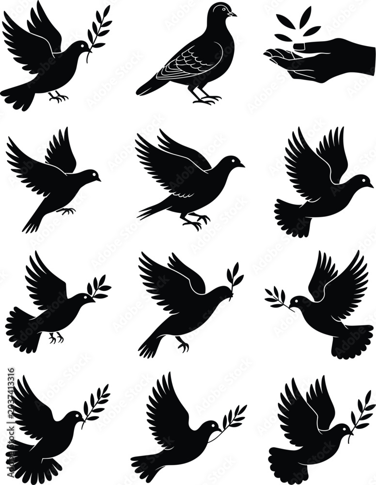 Obraz premium Flying Dove Bird Silhouette Collection with Olive Branch Peace Symbol and Hand Gesture Isolated Vector Set