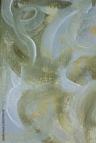 Soft abstract hand painted texture with pastel blue, sage green and muted gold brush strokes. Elegant artistic background for branding, wallpaper, packaging, modern design and print.