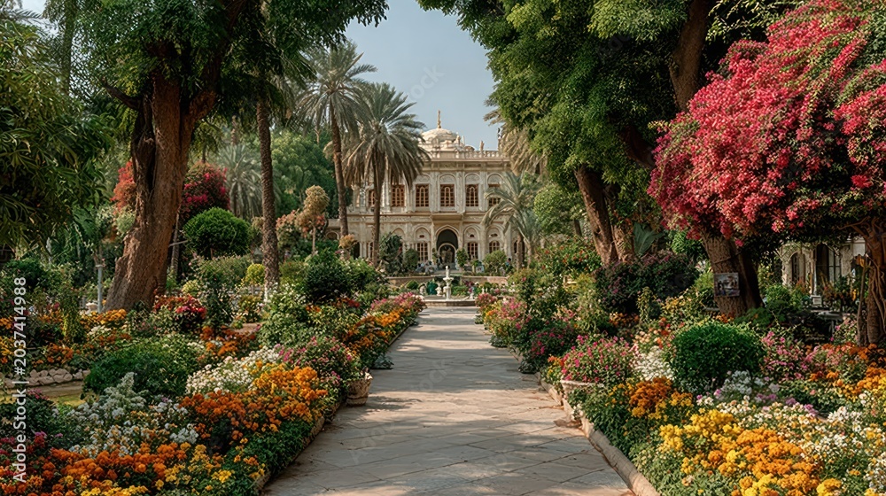 Fototapeta premium Elegant pathway leads to a grand building, framed by vibrant flowers