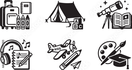 Kids education and activities icon set, creative learning and childhood adventure symbols.