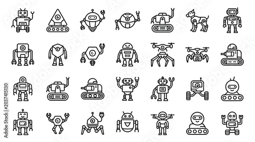 Collection of diverse robot icons in black line art, showcasing various mechanical designs and forms