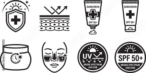 Sunscreen and UV protection skincare icon set, SPF 50+ sun care symbols.