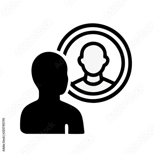 Simple illustration featuring a figure observing a reflected profile inside circular rings, symbolizing awareness and inner perspective