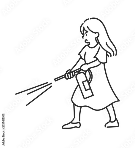 消火器で火を消す女性のイラスト　線画