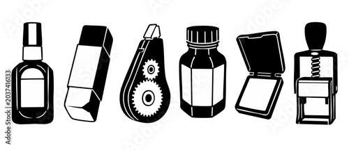 Foto Office stationery icons set vector illustrating correction tools and stamping equipment including correction fluid bottle, rubber eraser, correction tape, inkwell, ink pad, and self inking stamp