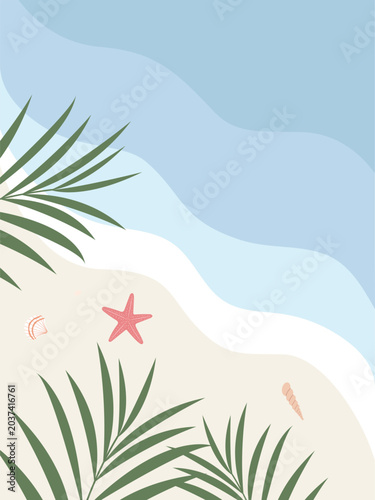 Summer card with tropical leaves, sea