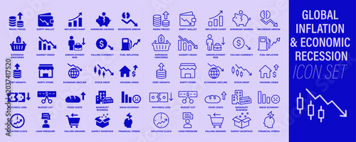 Tableau sur toile Global inflation and economic recession icon set with finance, market decline an