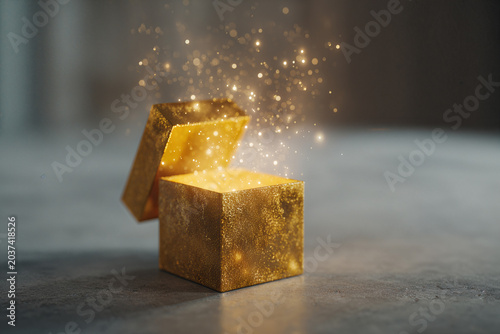 Gift Opening Magic Golden Box with Glowing Sparkles on a Marble