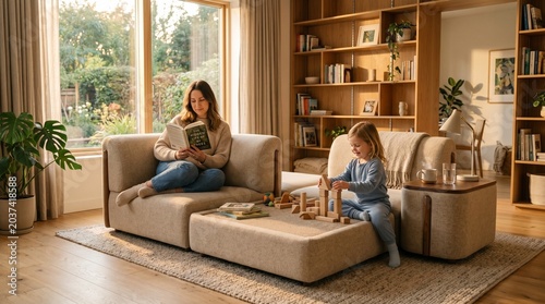 Family living room with furniture adapting to daily routines