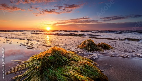 Angespulte Algen Am Ostseestrand Bei Sonnenuntergang